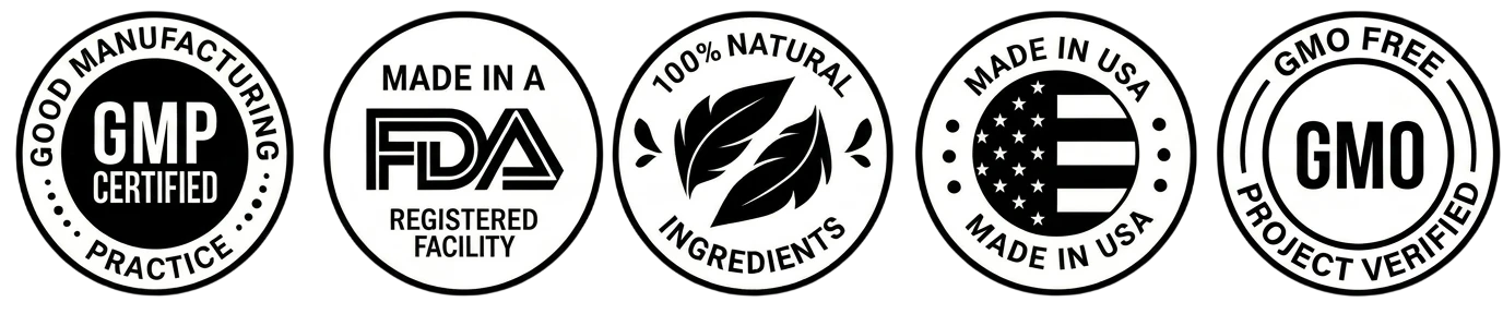 Quality seals — GMP Certified, Natural, Non-GMO